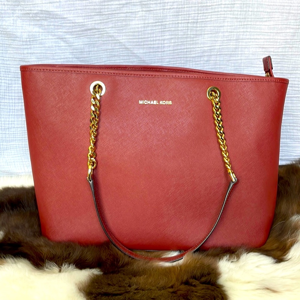 MICHEAL KORS Burgundy Tote Bag with gold accents